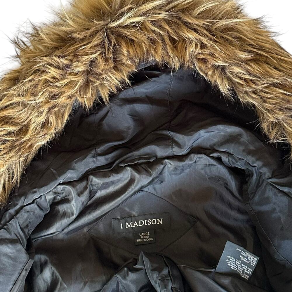 Womens Coat Size Large Black Fox Tail Fur Trim Puffer Down Jacket Winter Cold - Picture 5 of 8